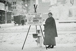 The kettles and bells of The Salvation Army have been part of the Christmas collection for many years. Photo public domain via The Library of Congress.