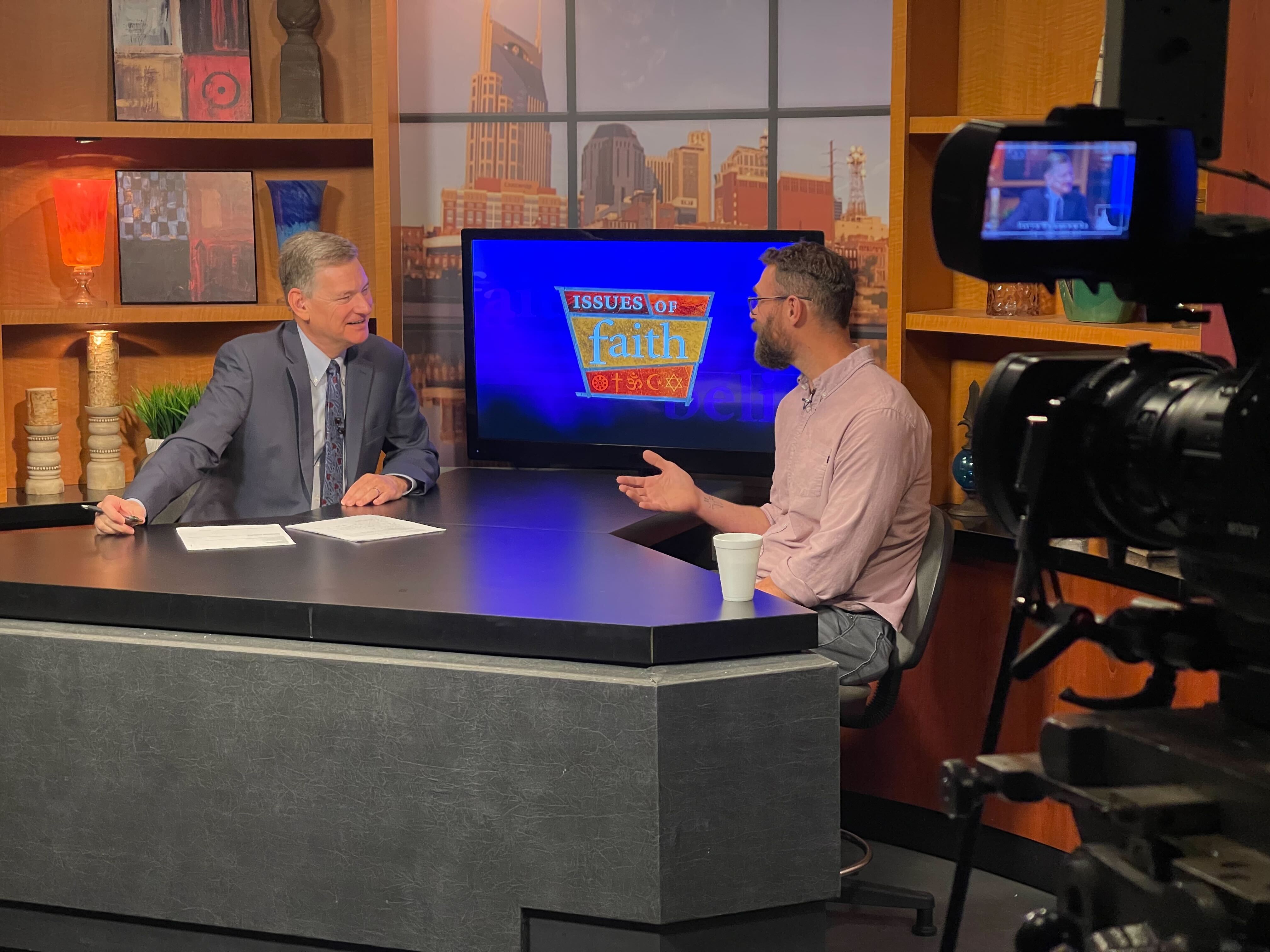 Rev. Ryan Dunn, Minister of Online Engagement for United Methodist Communications, chats with News Channel 5's Ben Hall on Issues of Faith TV Show. Photo by United Methodist Communications