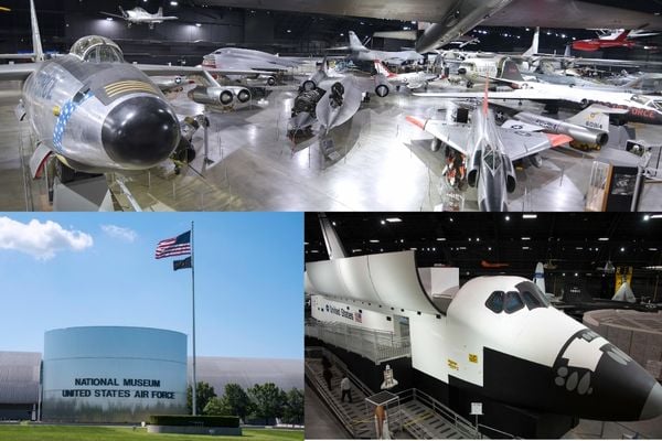 Top: Cold War Gallery at the National Museum of the United States Air Force. Bottom left: Exterior view of the National Museum of the U.S. Air Force.  Bottom right: View of the Space Shuttle Exhibit at the National Museum of the United States Air Force. The fourth building includes more than 70 aircraft in four galleries -- Presidential, Research & Development, Space and Global Reach. (All images, U.S. Air Force photos by Ken LaRock.)